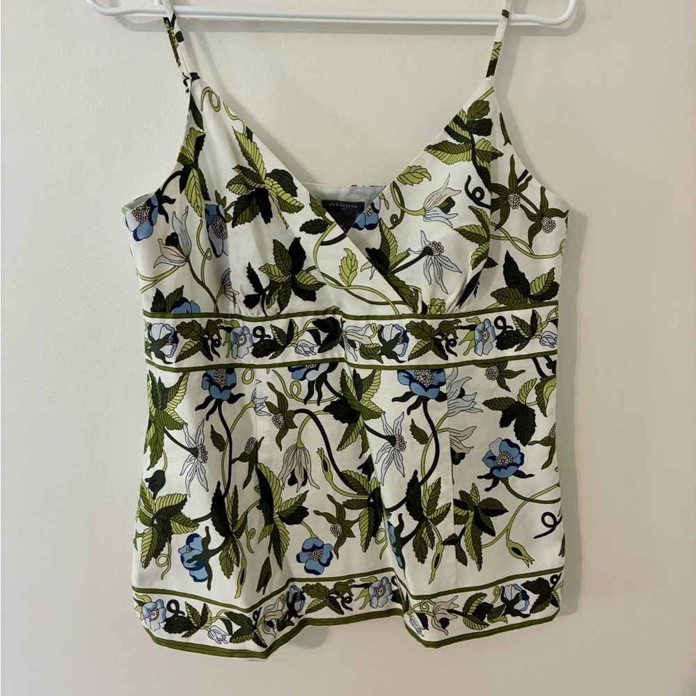 Ann Taylor White Camisole with Green and Blue Floral Design